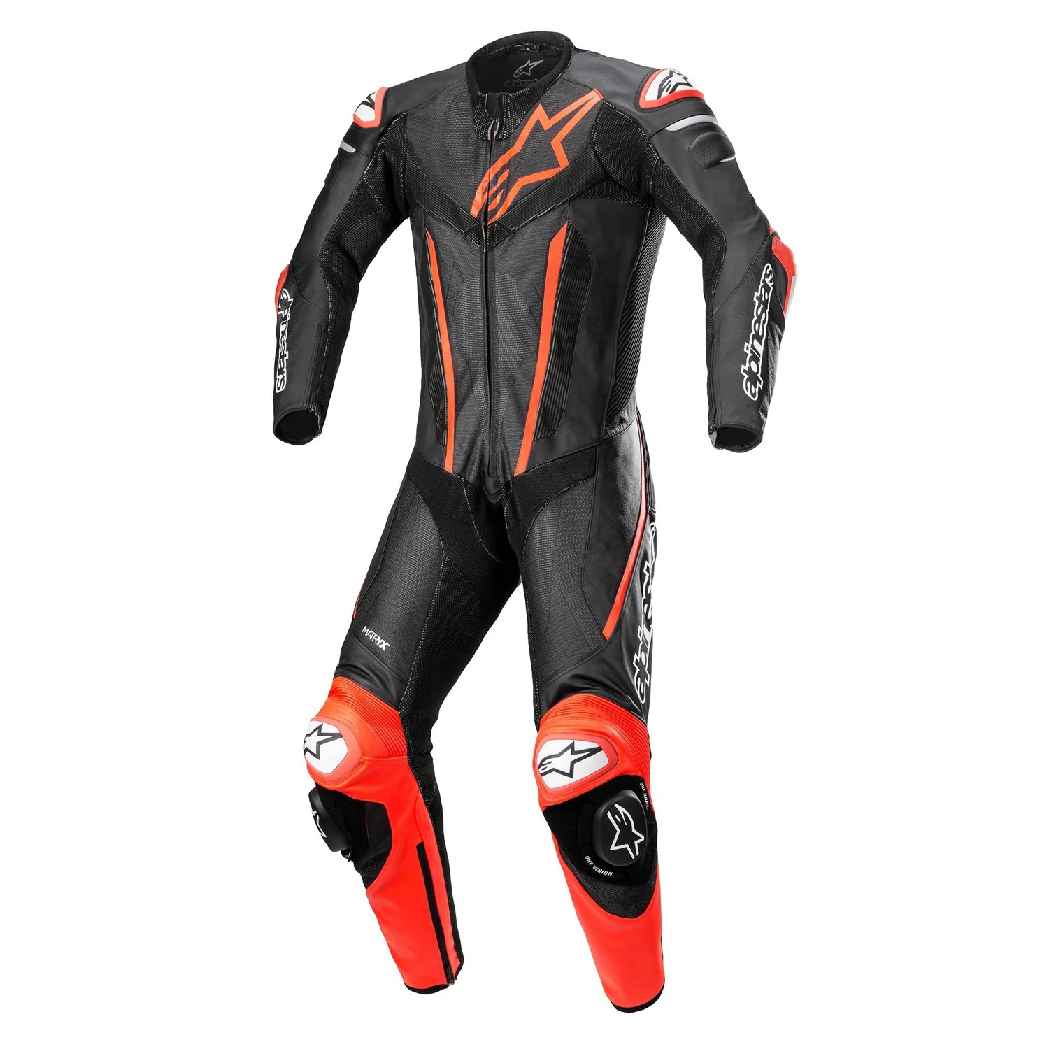 Image of Alpinestars Fusion Leather One Piece Suit Black Red Fluo Size 48 EN