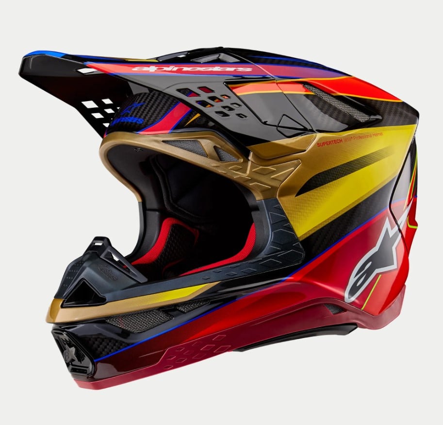Image of Alpinestars Supertech S-M10 Era Helmet Ece 2206 Gold Yellow Rio Red Glossy Größe L