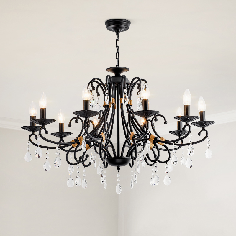 Image of American Crystal Chandelier Ceiling Lighting Luxury Living Room Home Pendant Lamp Country Retro Wrought Iron Chandeliers Bedroom Black Crystal Lights