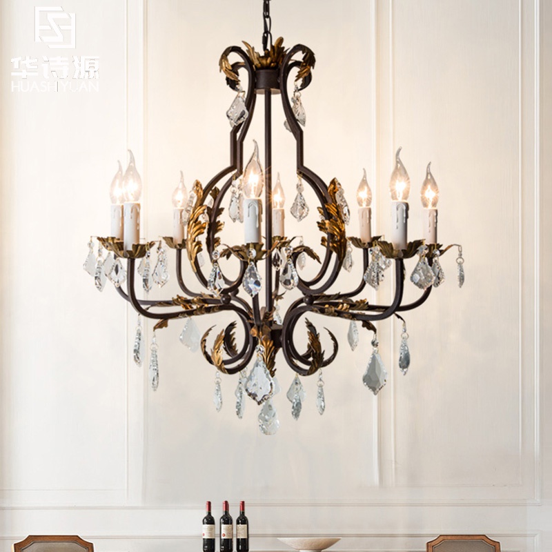 Image of American Retro Iron Chandelier Lighting Hotel Restaurant Chandeliers Personality Candle Hanging Lamp Bedroom Living Room Crystal Pendant Lamp