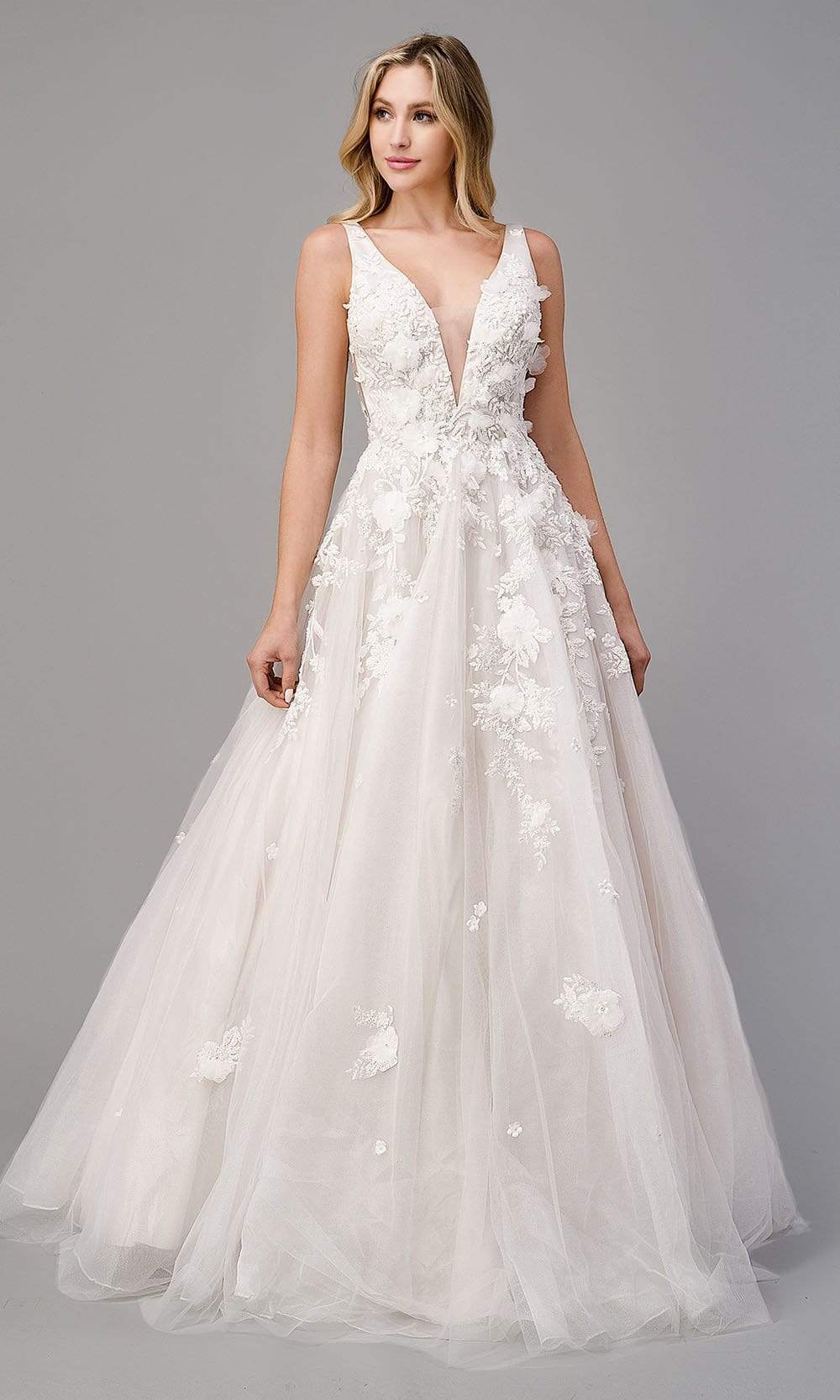 Image of Andrea and Leo - A1028W Plunging Neck Floral Wedding Dress