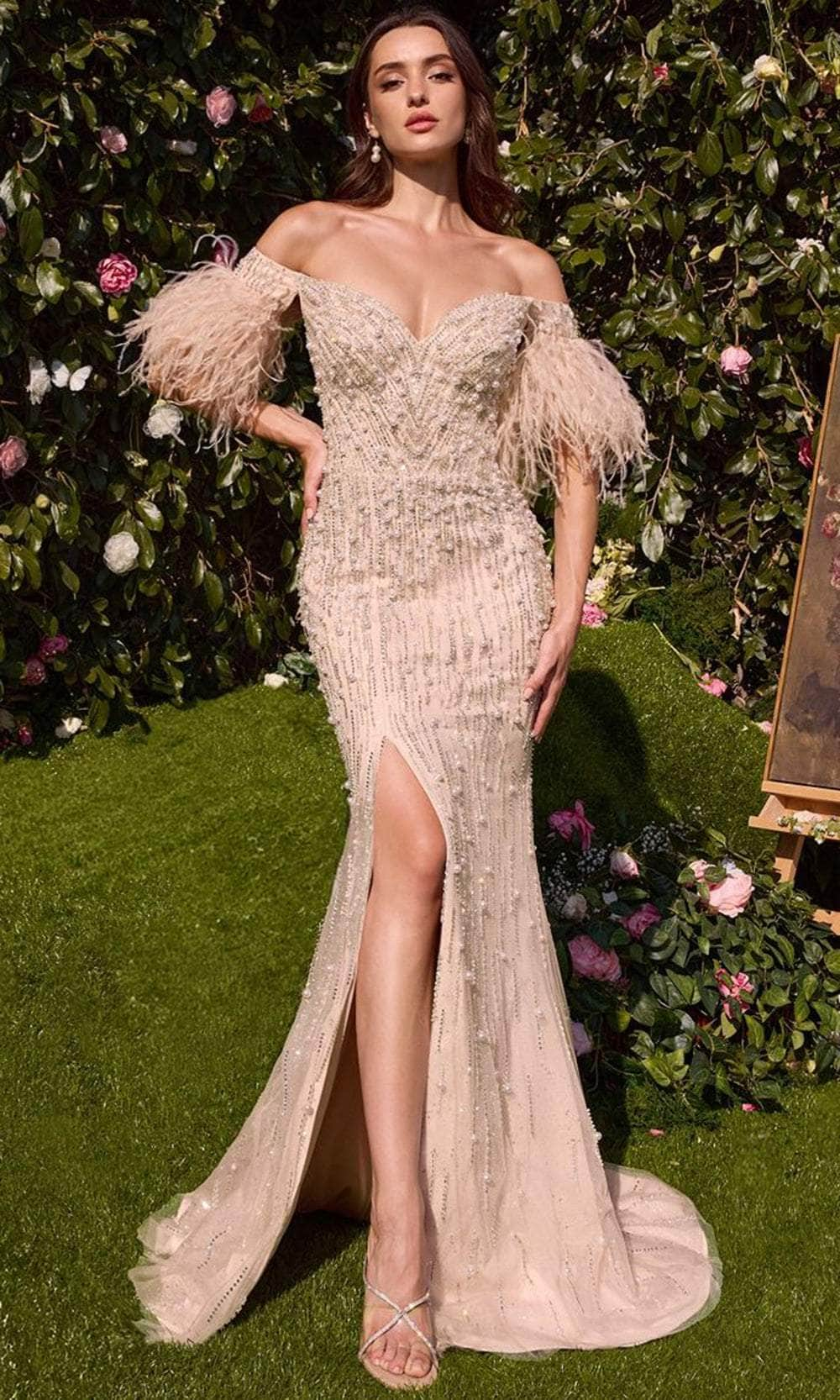 Image of Andrea and Leo MA102 - Feathered Off Shoulder Evening Gown