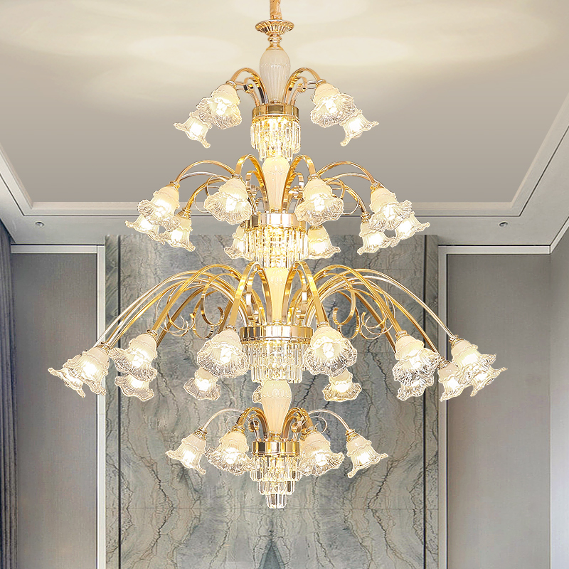 Image of Apartment Staircase Long Chandelier Lighitng Modern Gold Crystal Chandeliers Atmosphere Duplex Building Villa Hall Large Crystal Hanging Lamp