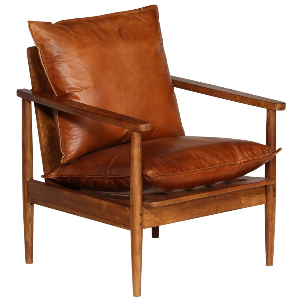 Image of Armchair Brown Real Leather with Acacia Wood