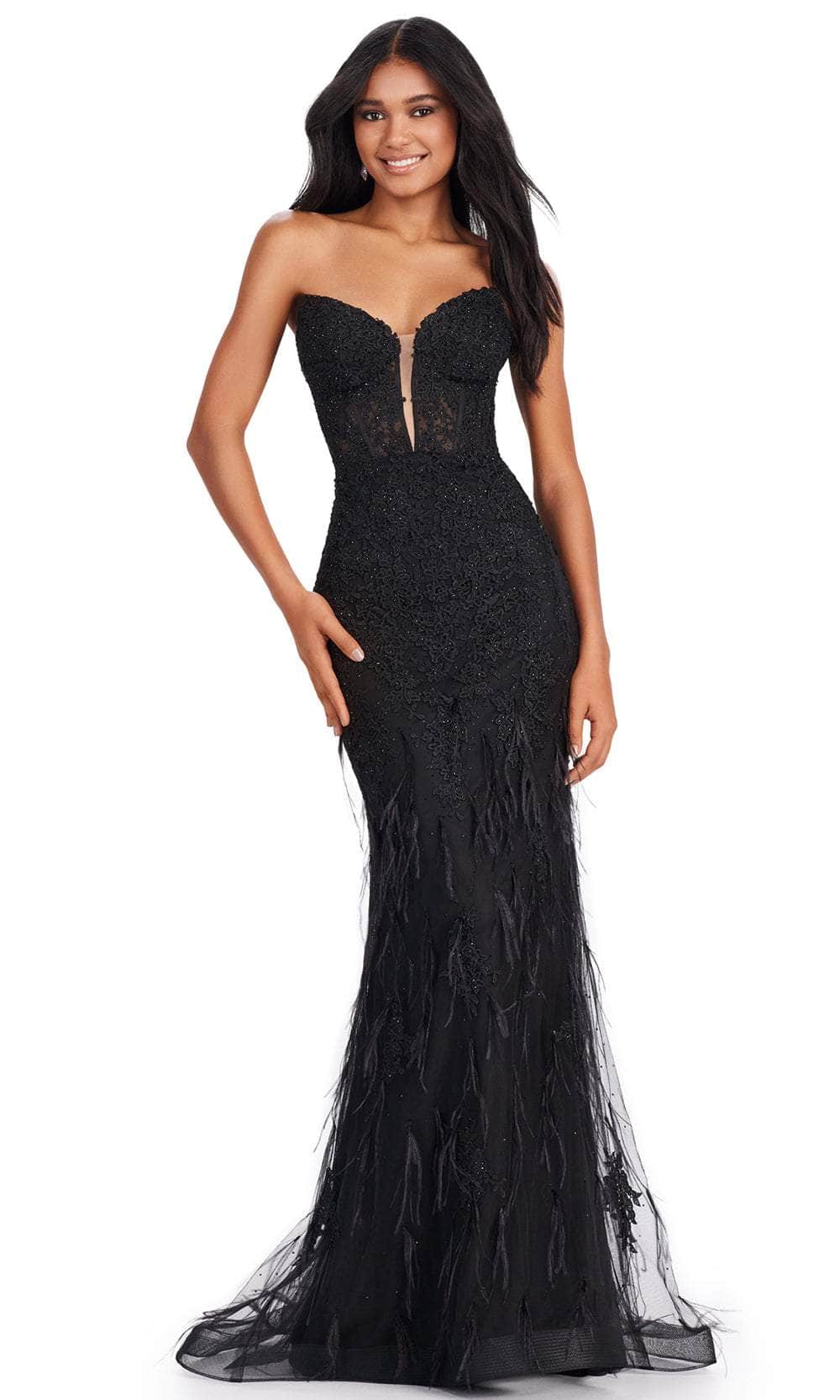 Image of Ashley Lauren 11483 - Plunging Feather Accent Prom Gown