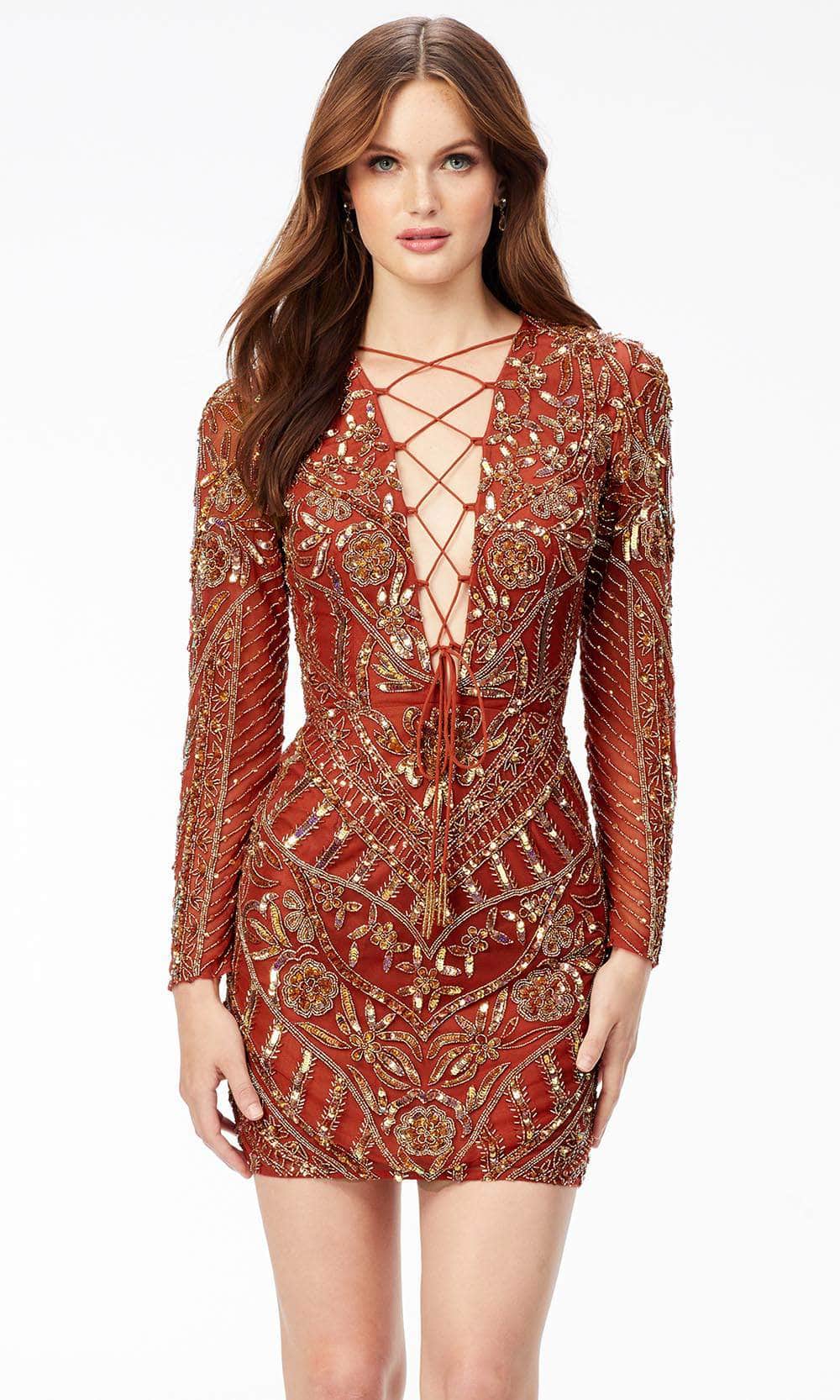 Image of Ashley Lauren 4511 - Long Sleeve Lac-Up Bustier Sequin Cocktail Dress