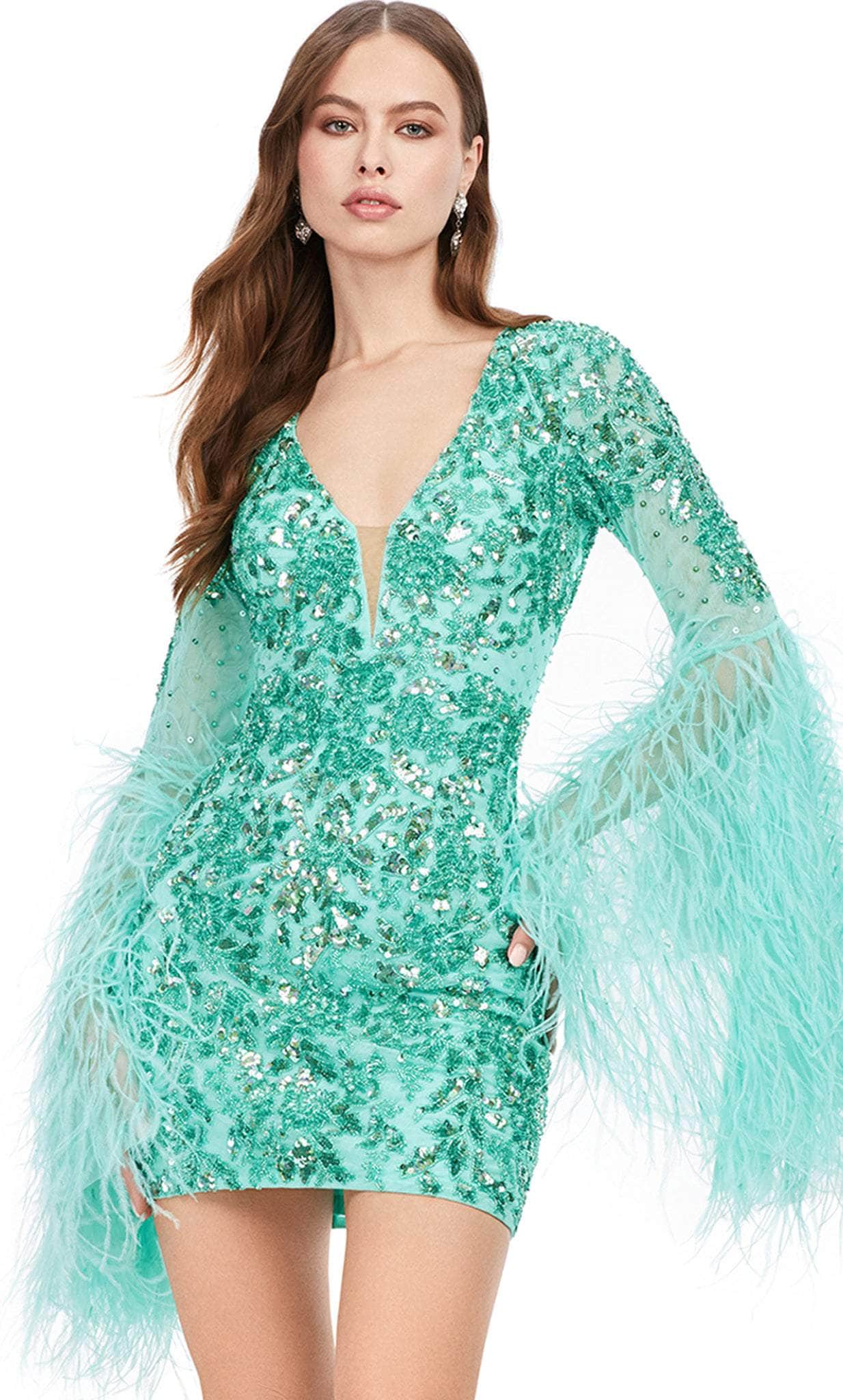 Image of Ashley Lauren 4603 - Bell Feathered Sleeve Cocktail Dress