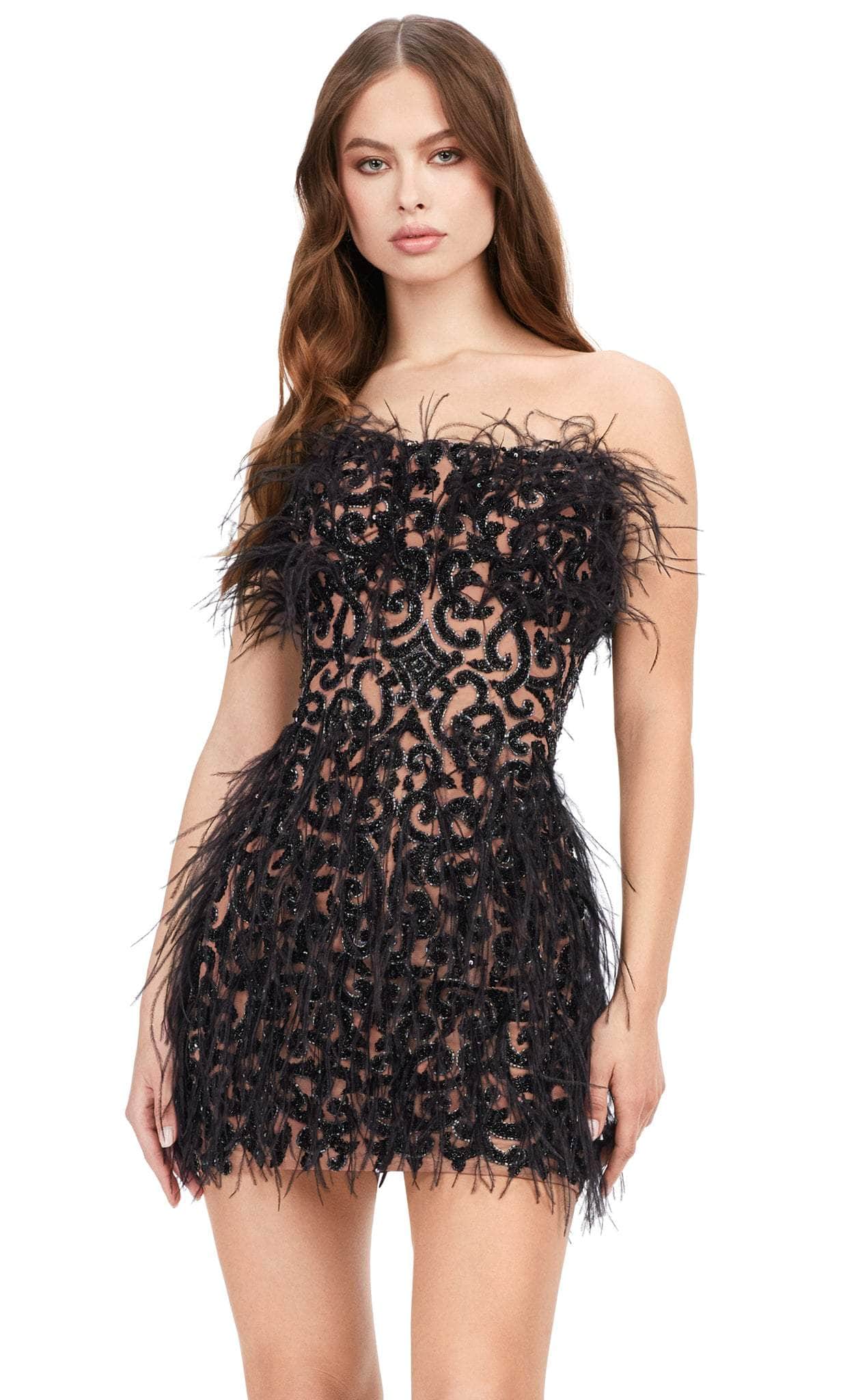 Image of Ashley Lauren 4615 - Beaded Strapless Feather Cocktail Dress