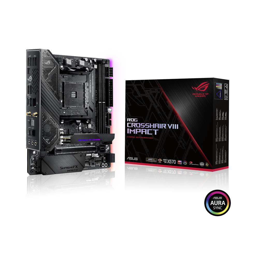 Image of Asus ROG CROSSHAIR VIII IMPACT Motherboard PC base AMD AM4 Form factor (details) Mini-DTX Motherboard chipset AMDÂ® X570