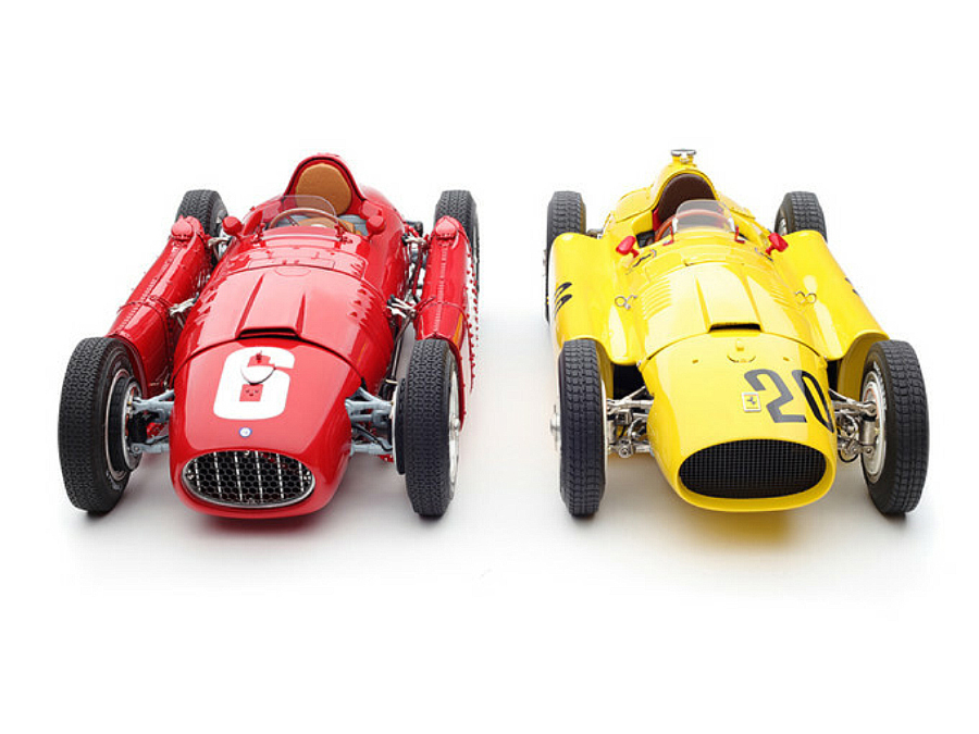 Image of Bundle of 2 Cars 1956 Ferrari D50 20 Andre Pilette 6th Place Grand Prix of Belgium (Yellow) and 1955 Ferrari Lancia D50 6 Alberto Ascari Winner Grand