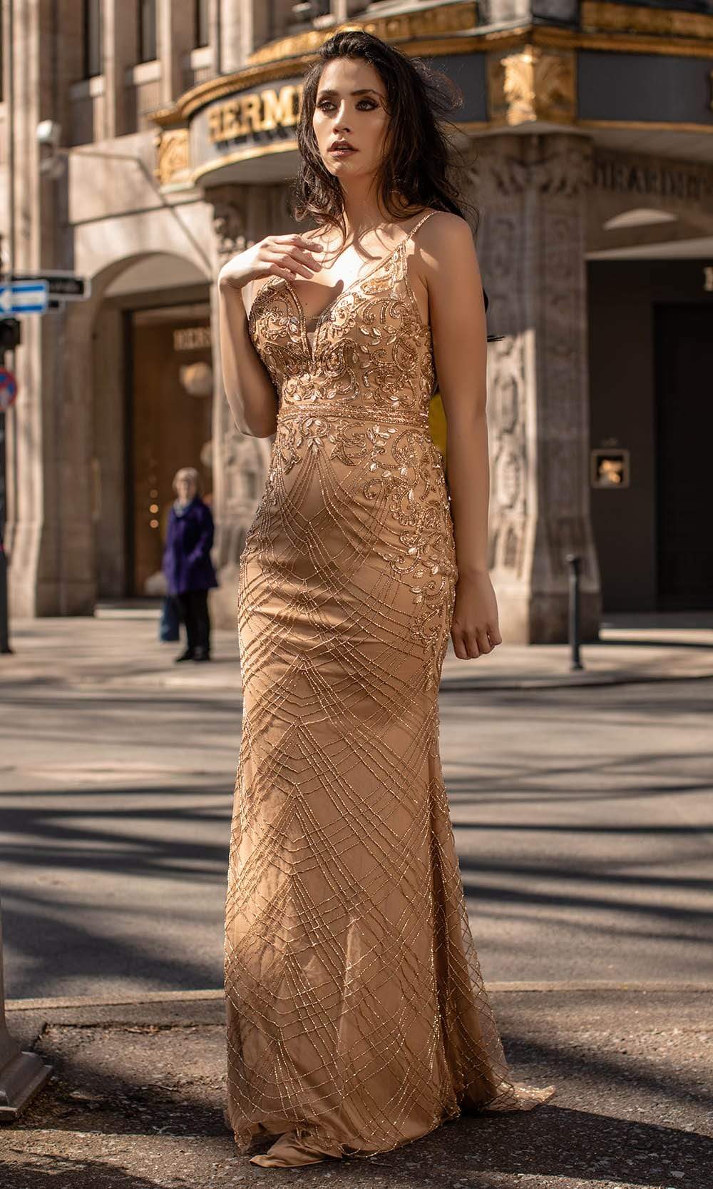 Image of Chic and Holland - AN1469 Beaded Plunging V Neck Sheath Dress