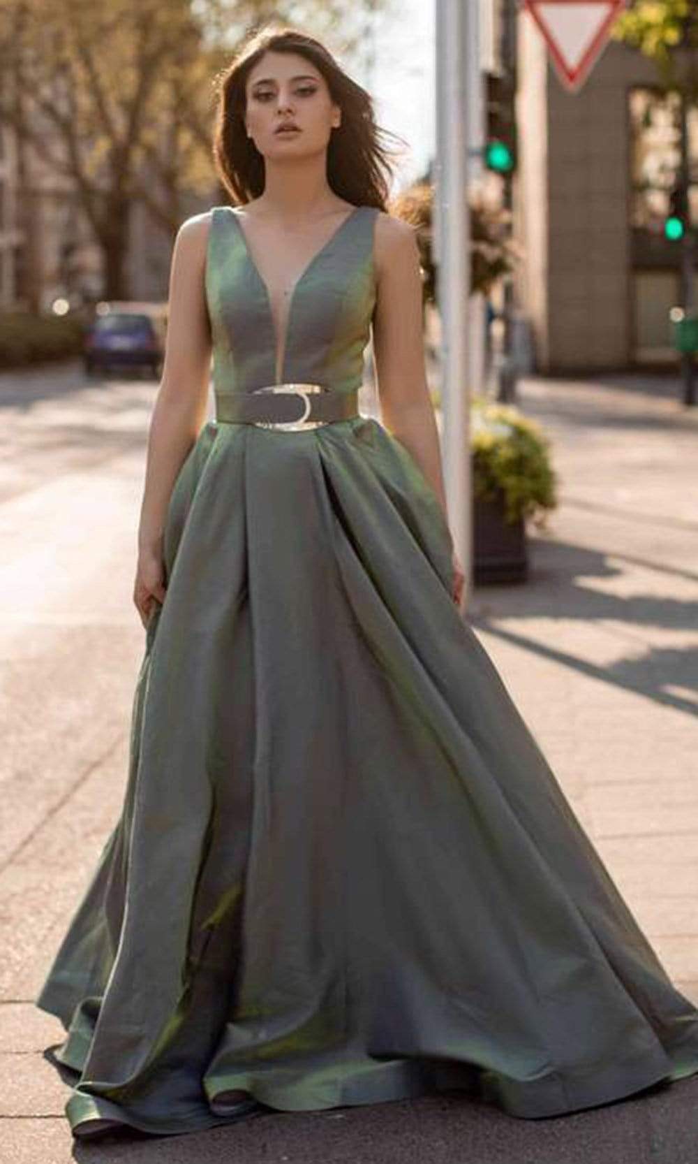 Image of Chic and Holland - AN3107 Low V Neck Belted Ballgown