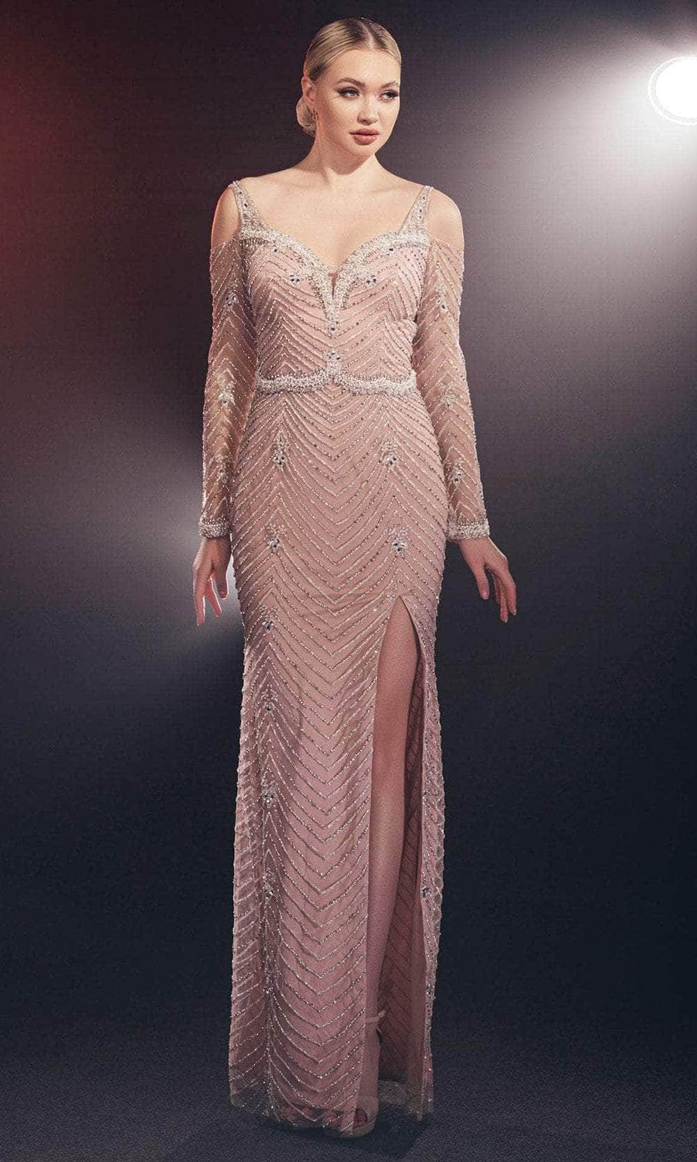 Image of Chic and Holland HF110106 - Long Sleeve Cold Shoulder Gown