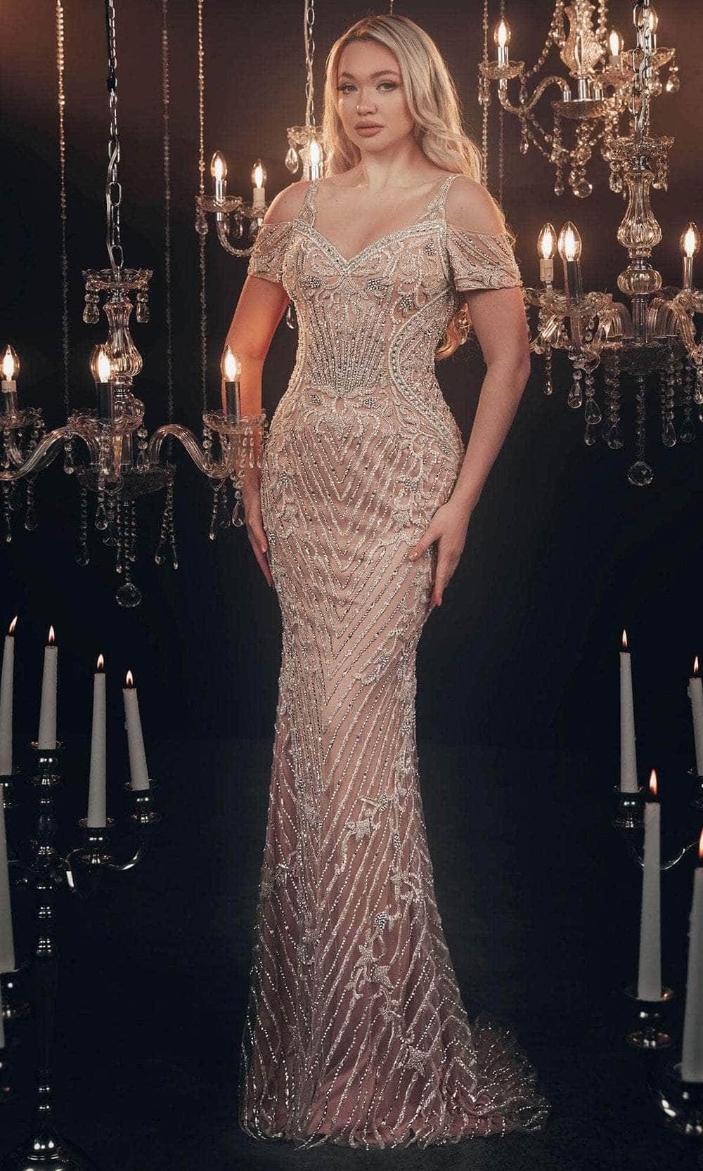 Image of Chic and Holland HF110111 - Bead Embroidered Evening Gown