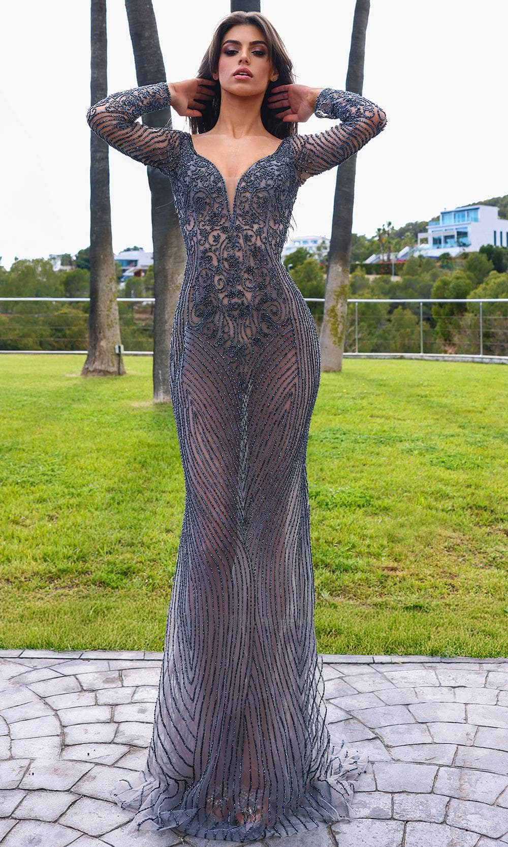 Image of Chic and Holland HF110397 - Illusion Bodice Long Sleeve Evening Dress