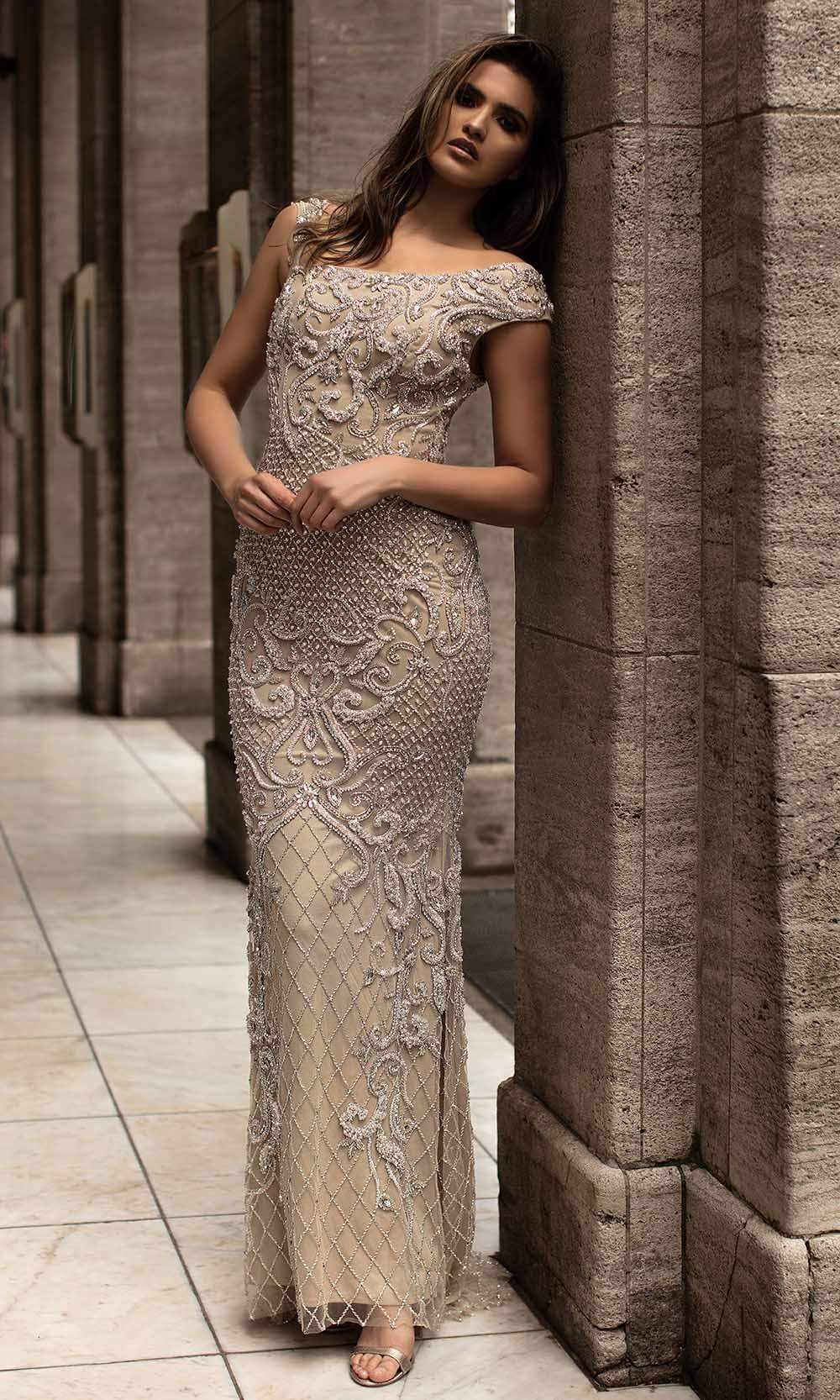 Image of Chic and Holland - HF1520 Bateau Neck Jewel Adorned Sheath Gown
