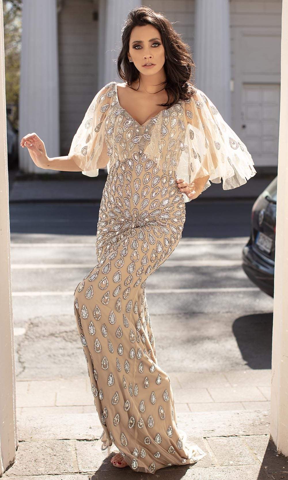 Image of Chic and Holland - HF1527 Embellished V Neck Long Fitted Dress
