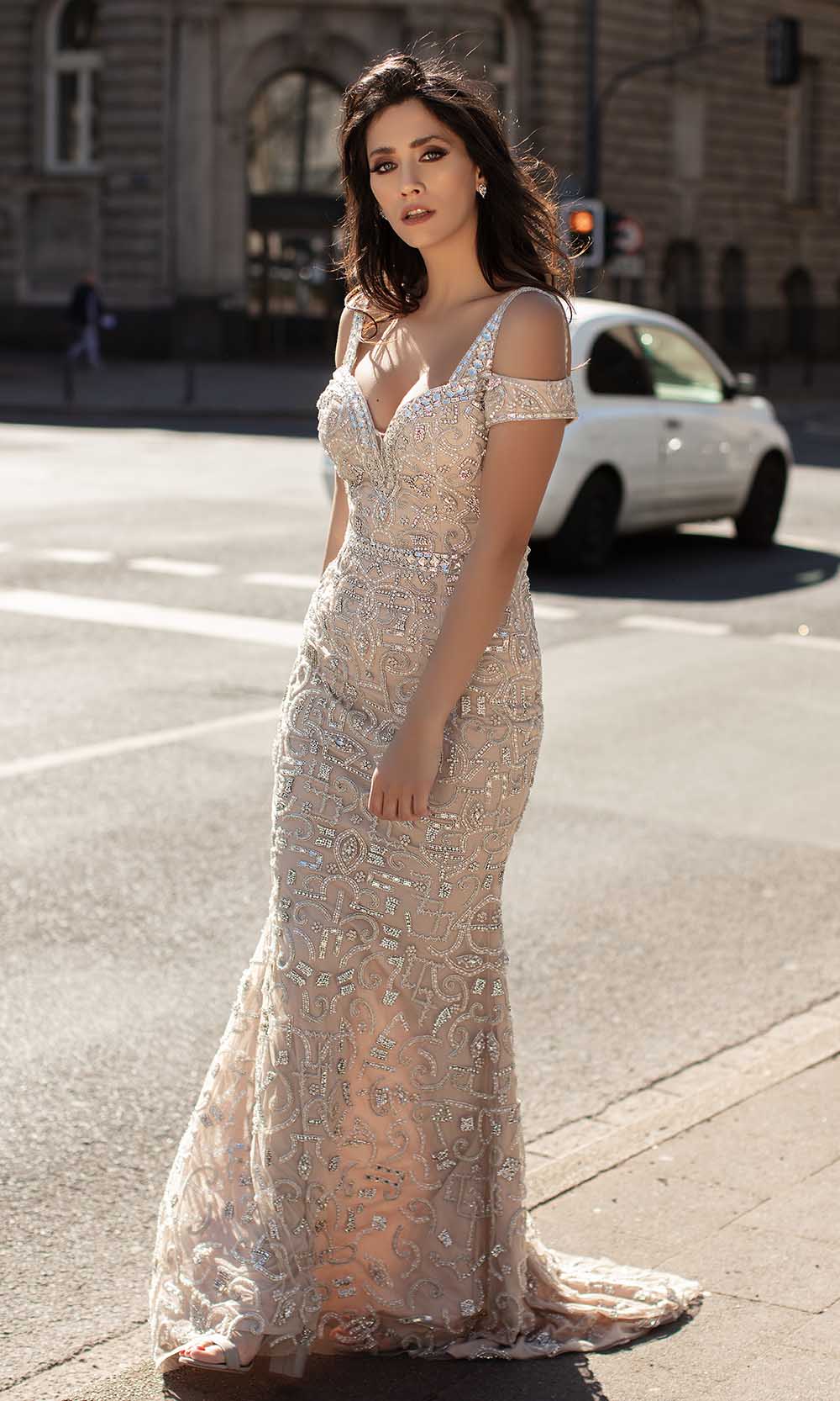Image of Chic and Holland - HF1558 Beaded Cold Shoulder Long Dress