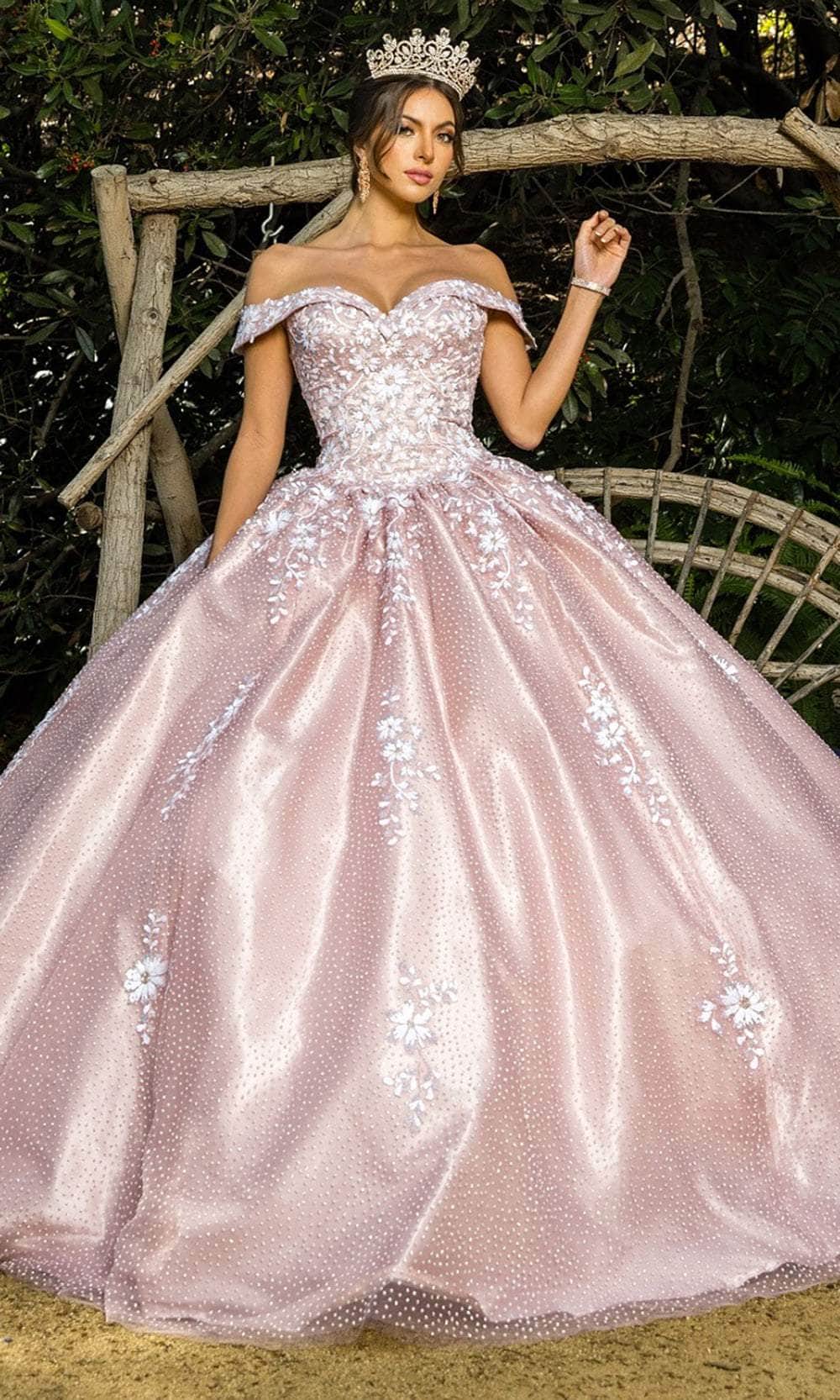 Image of Cinderella Couture 8060J - Floral Applique Off-Shoulder Ballgown