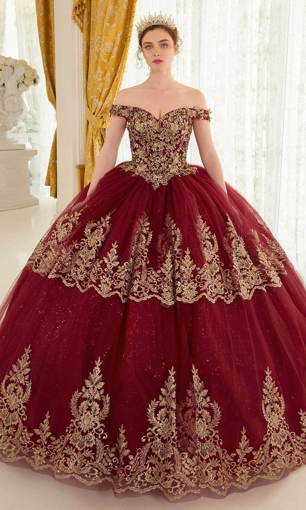 Image of Cinderella Divine 15705 - Gold Lace Applique Off-Shoulder Ballgown