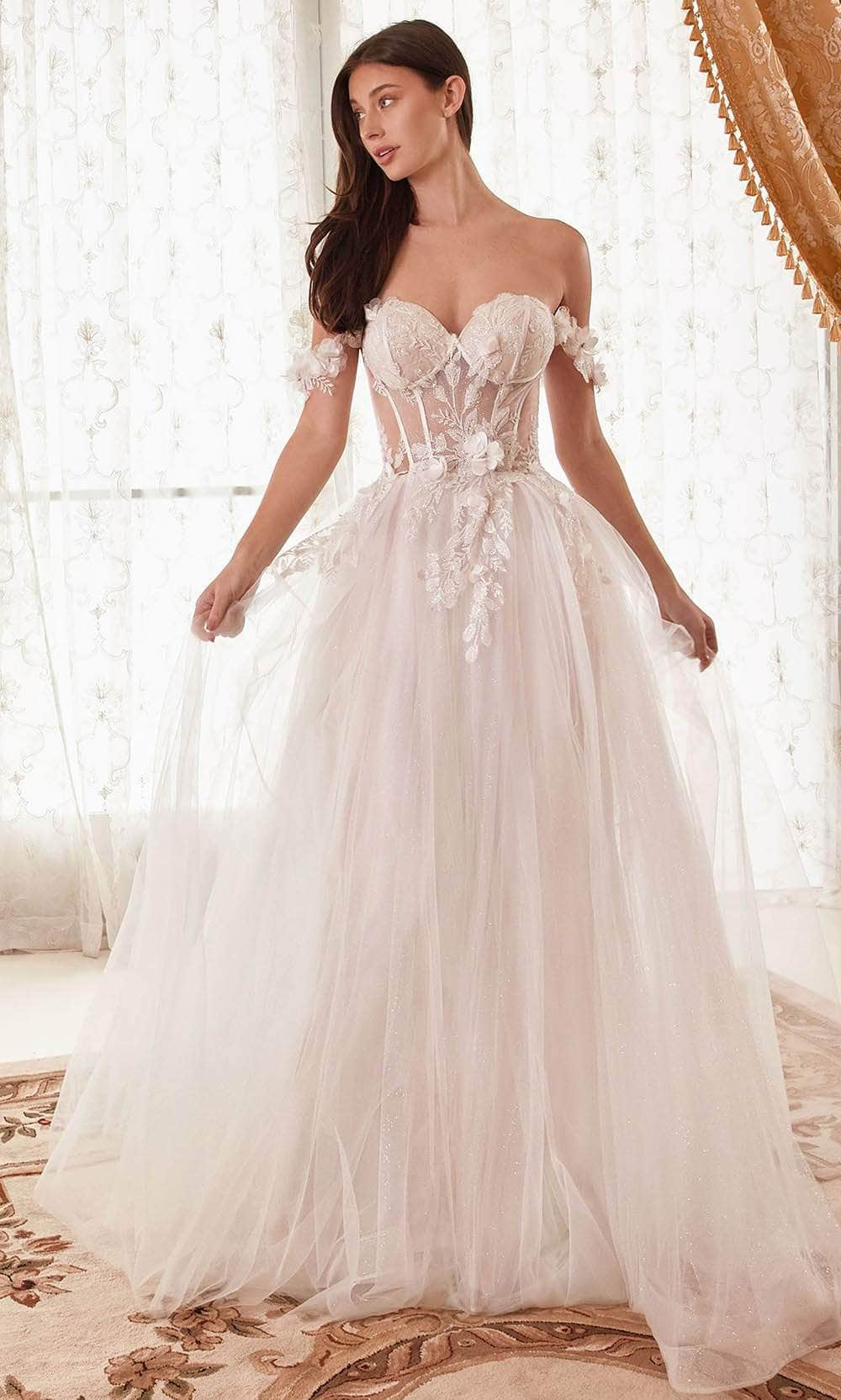 Image of Cinderella Divine WN308 - Off-Shoulder Wedding Gown with Floral Details