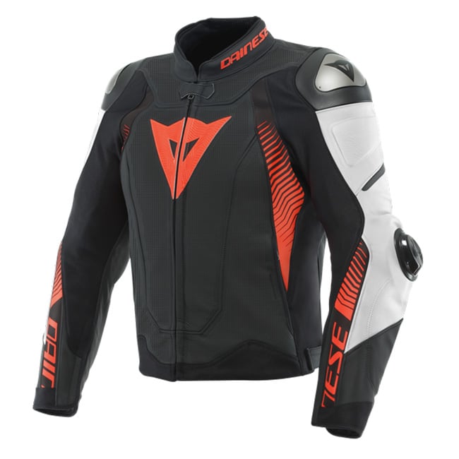 Image of Dainese Super Speed 4 Perforated Leather Jacket Black Matt White Fluo Red Size 44 ID 8051019417046