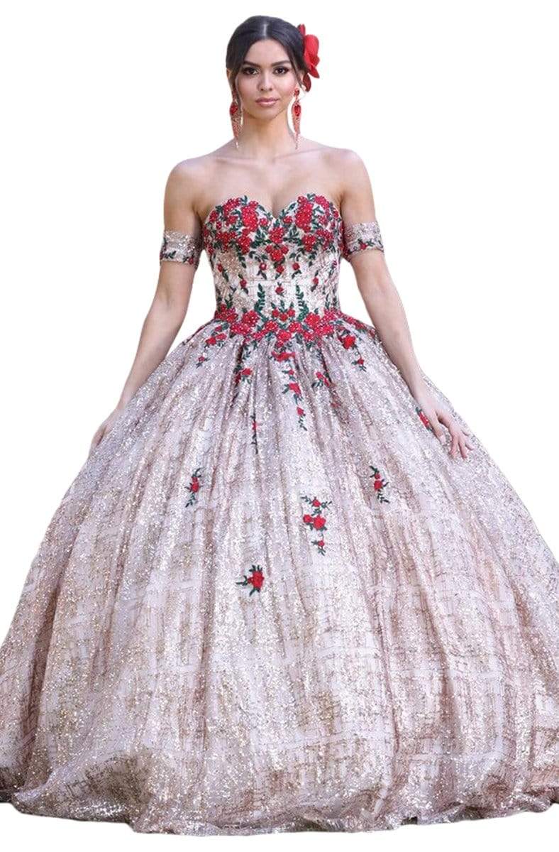 Image of Dancing Queen - 1475 Beaded Floral Off-Shoulder Quinceanera Dress