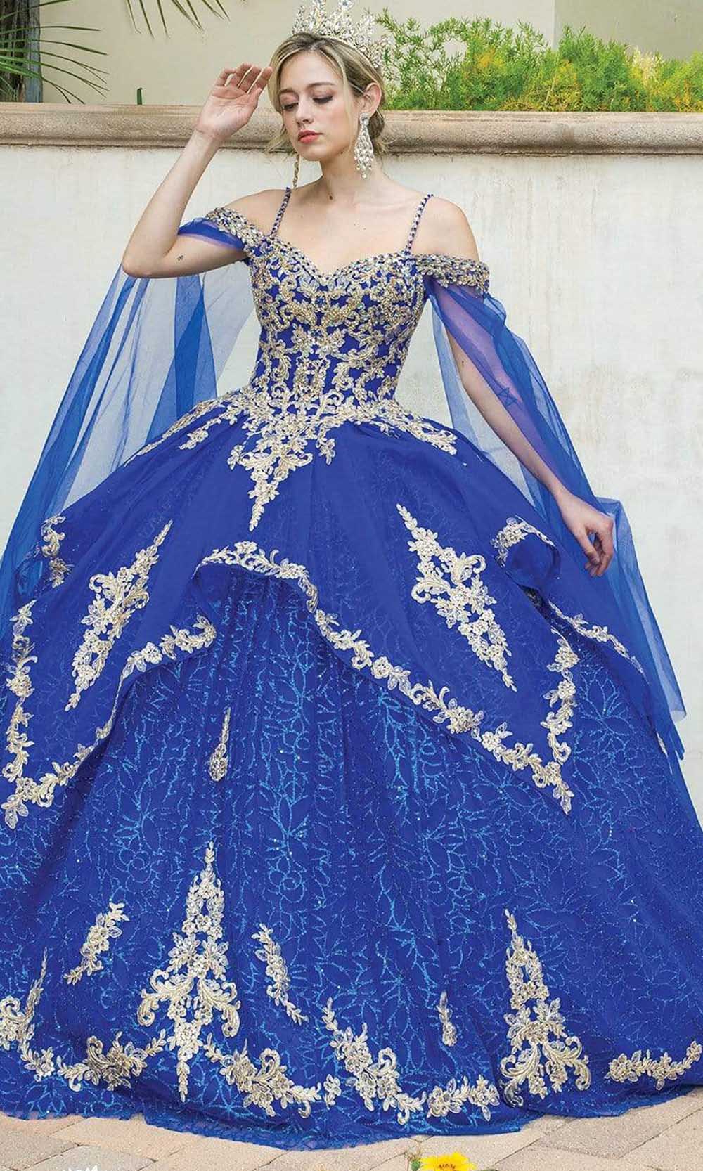 Image of Dancing Queen - 1638 Cold Shoulder Cape Sleeve Ballgown