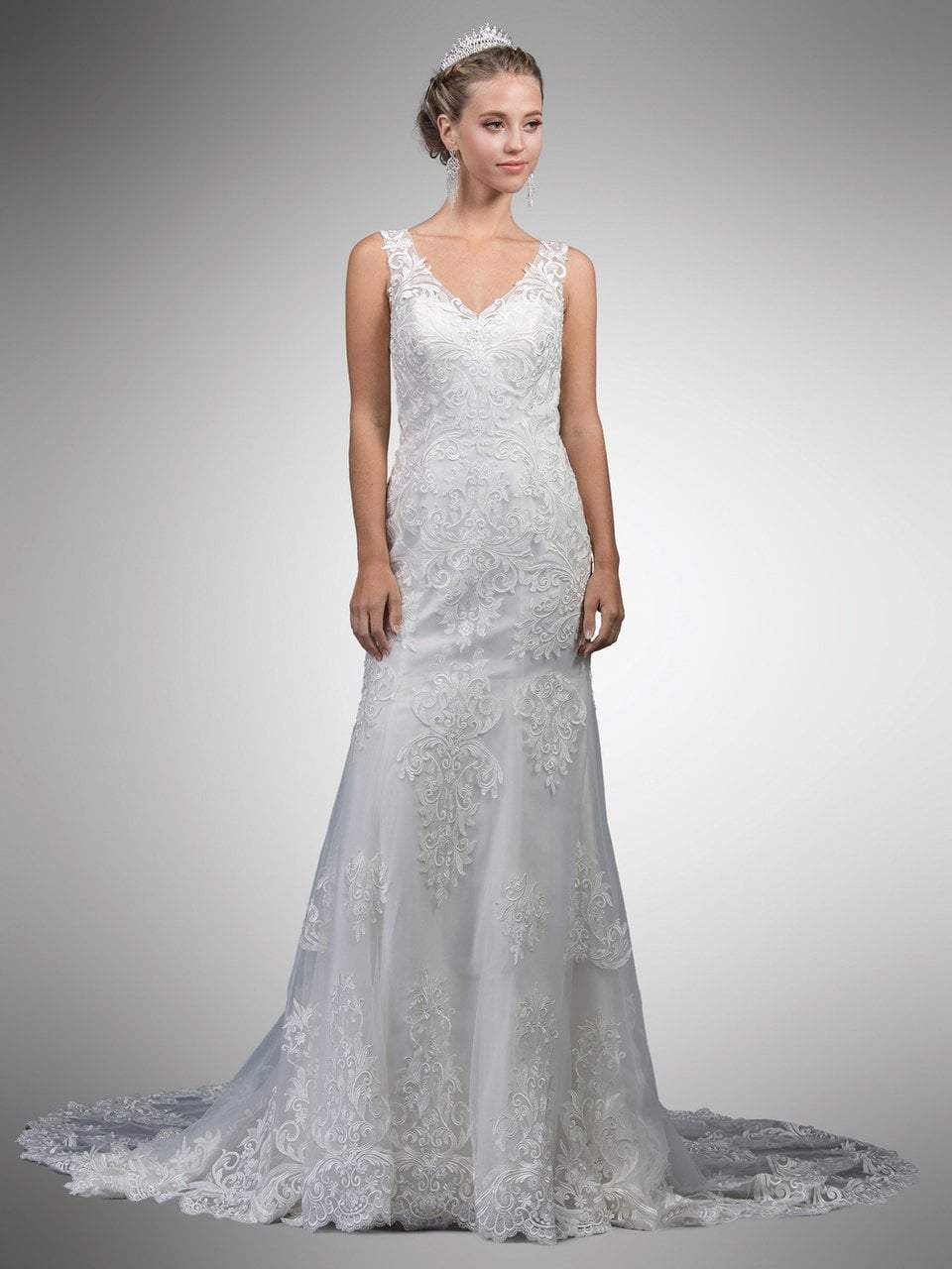 Image of Dancing Queen Bridal - 45 Lace Embroidered V-neck Gown With Train