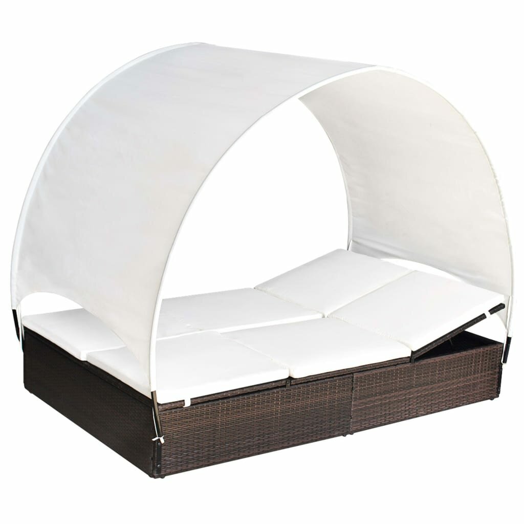 Image of Double Sun Lounger with Canopy Poly Rattan Brown