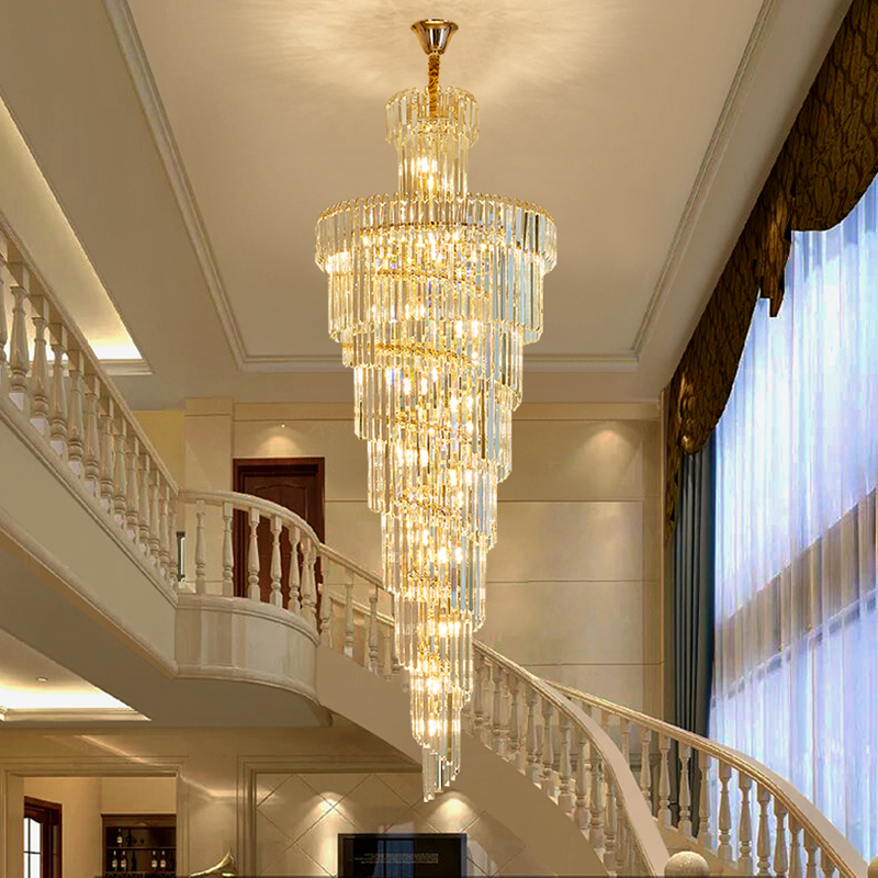 Image of Duplex Villa Spiral Staircase Chandelier Long Chandelier Lighting Modern Building Middle Living Room Large Gold Crystal Pendant Lamp Ceiling