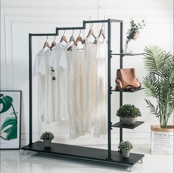 Image of ENM 548766155 wrought iron clothes rack bedroom furniture simple cloth hanger floor received push-pull mobile buy clothing pole type shelf