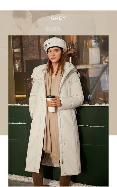 Image of ENM 716538975 simple 90 white duck downs collar with hat women&#039s 2021 large warm long coat wholesale loose down jacket on