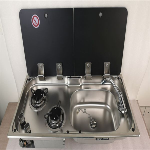 Image of ENSP 879024221 2 burner gas stove sink combo 2 glass lids 775*365*150/120mm boat rv gr-904rd