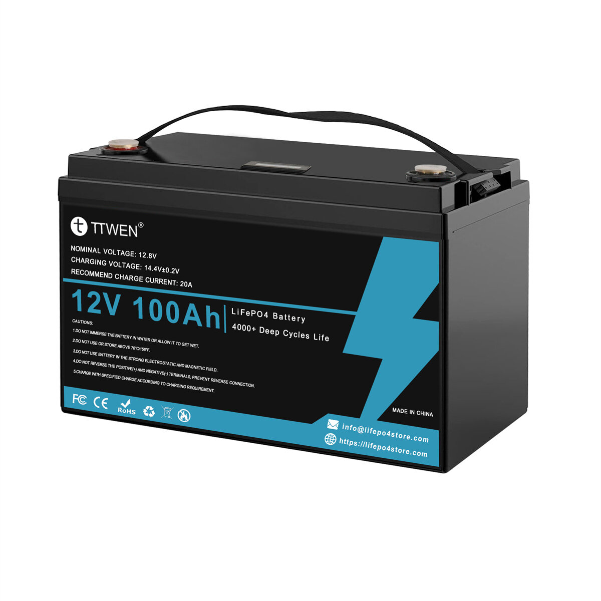 Image of [EU Direct] TTWEN 12V 100Ah Lifepo4 Battery Pack with 100A BMS Temperature Protection 4000+ Times Deep Cycles 1280Wh Lit