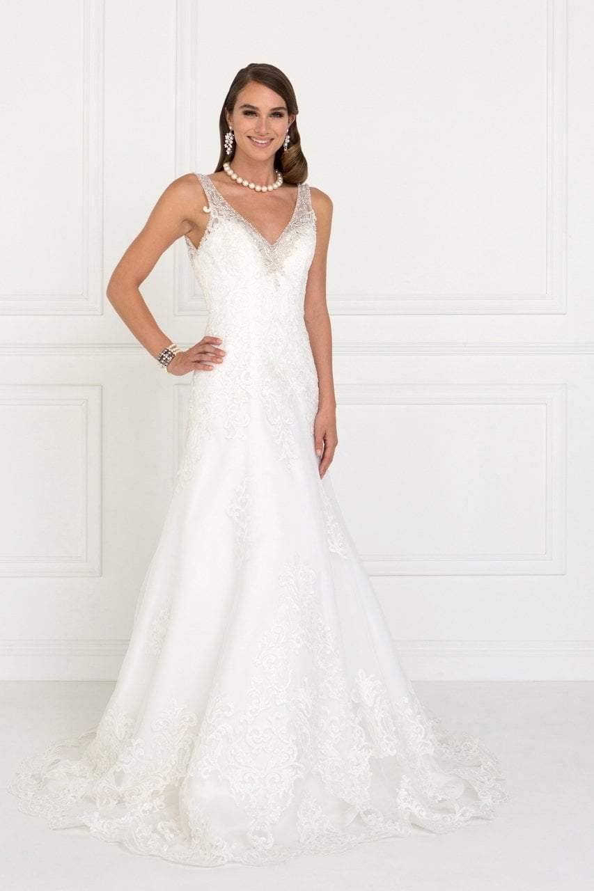 Image of Elizabeth K Bridal - GL2376 Jeweled V-neck Mesh A-line Wedding Gown