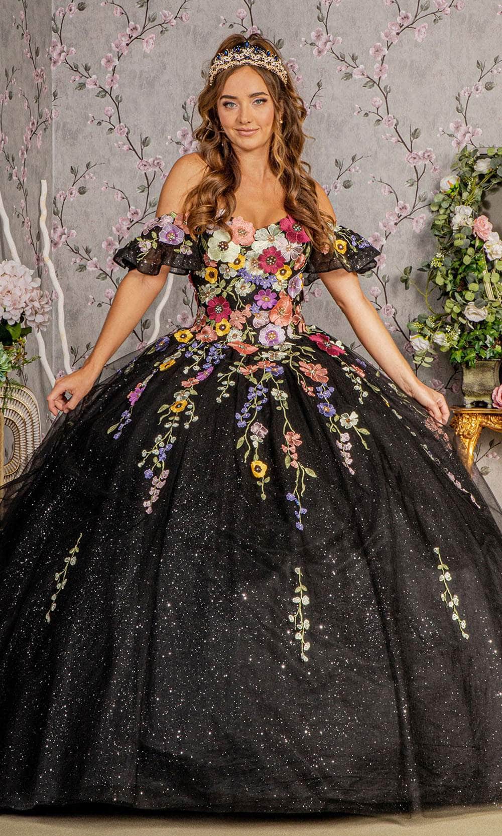 Image of Elizabeth K GL3177 - Floral Detachable Sleeves Ballgown