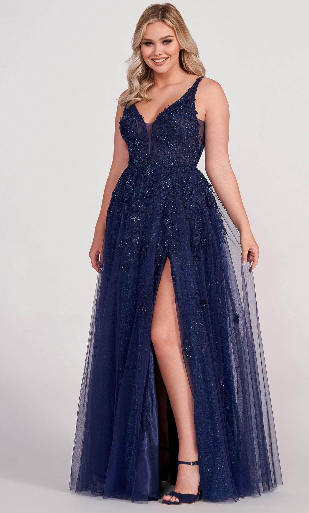 Image of Ellie Wilde EW34103 - Lace Appliqued V-Neck Prom Gown