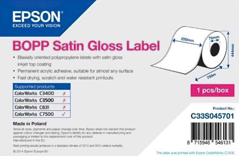 Image of Epson C33S045701 BOPP Satin Gloss pro ColorWorks 220mmx750m polypropylen bílé samolepicí etikety CZ ID 405896