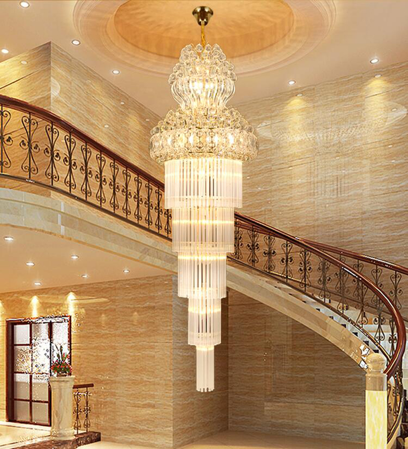 Image of European Duplex Villa Luxury Crystal Chandelier Hotel Lobby Living Room Large Crystasl Chandeliers Spiral Staircase Pendsant lights