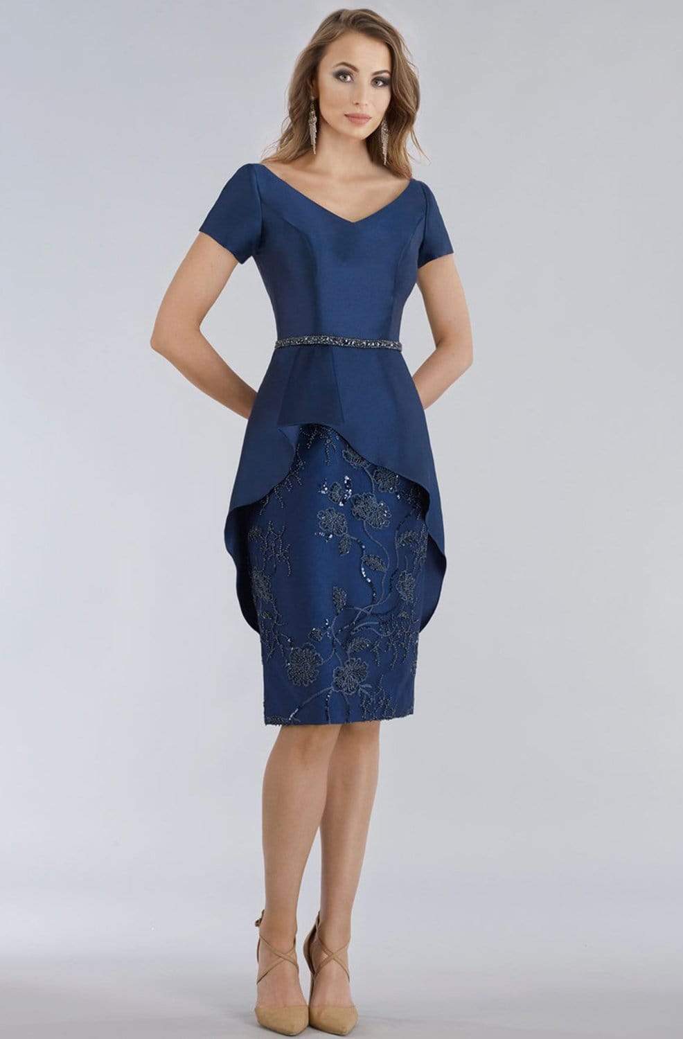 Image of Feriani Couture - 18953 Short Sleeve Knee Length Peplum Beaded Dress