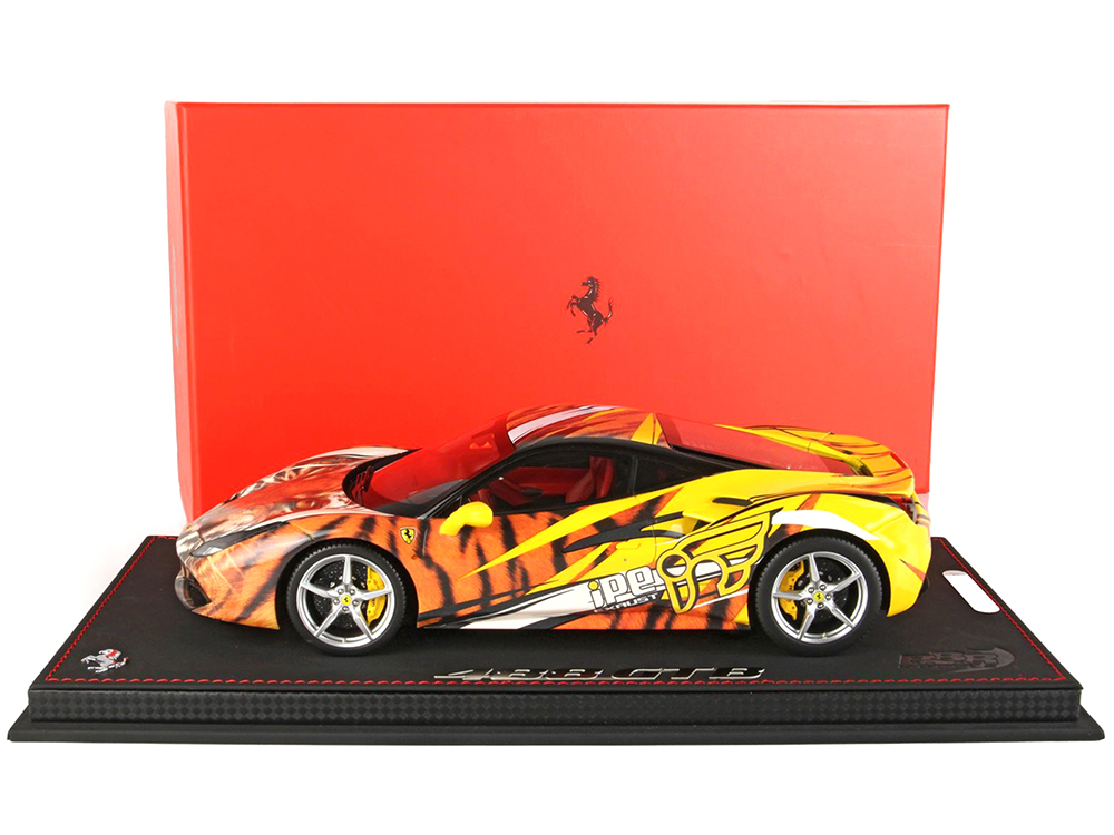 Image of Ferrari 488 GTB "IPE Exhaust" Giallo Modena Yellow with Tiger Graphics with DISPLAY CASE Limited Edition to 100 pieces Worldwide 1/18 Model Car by BB
