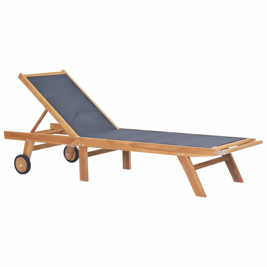 Image of Folding Sun Lounger with Wheels Solid Teak and Textilene