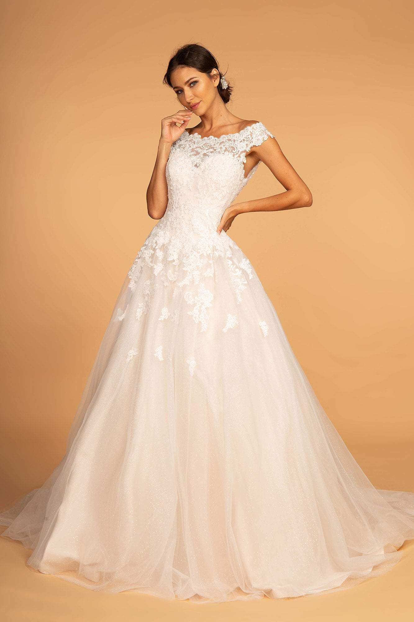 Image of GLS by Gloria - GL2596 Scalloped Bateau Neck Lace Ballgown