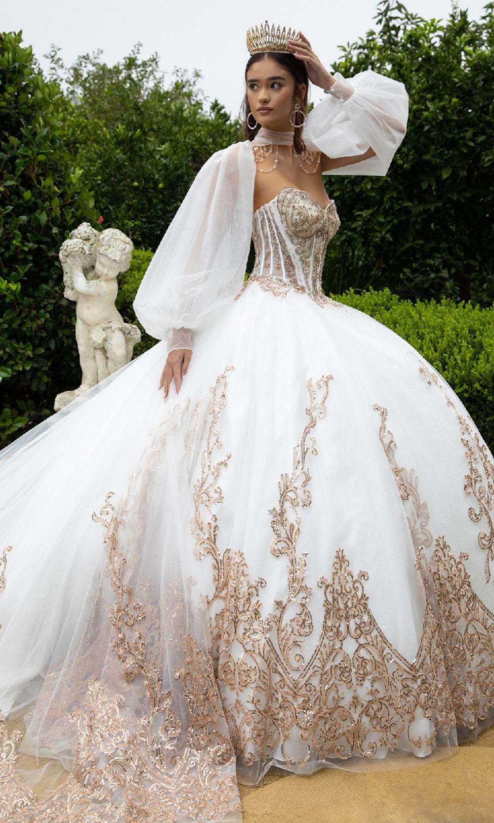 Image of GLS by Gloria GL3578 - Beaded Applique Bishop Sleeve Ballgown