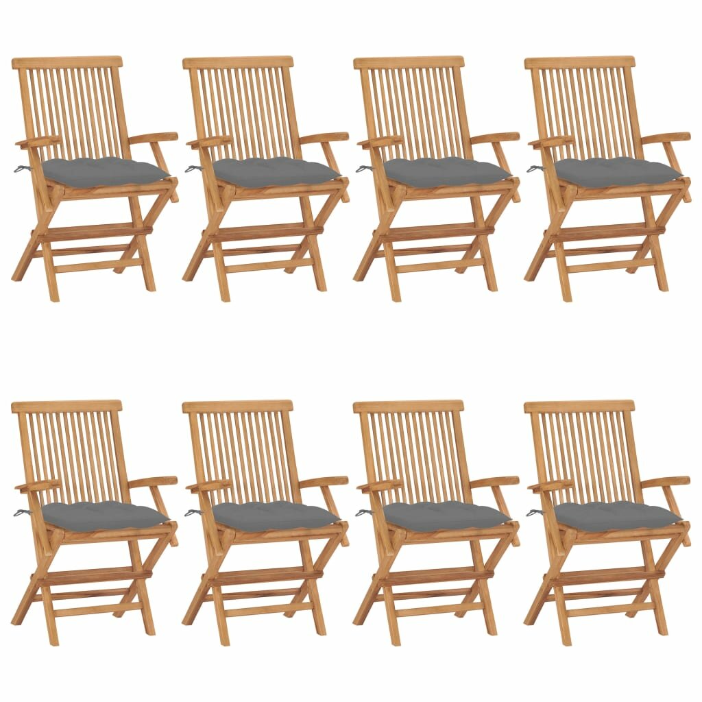 Image of Garden Chairs with Gray Cushions 8 pcs Solid Teak Wood