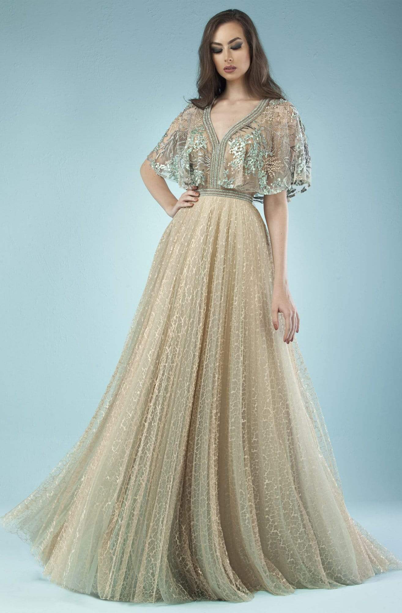 Image of Gatti Nolli Couture - ED-4455 Embroider-Detailed Cape A-Line Gown