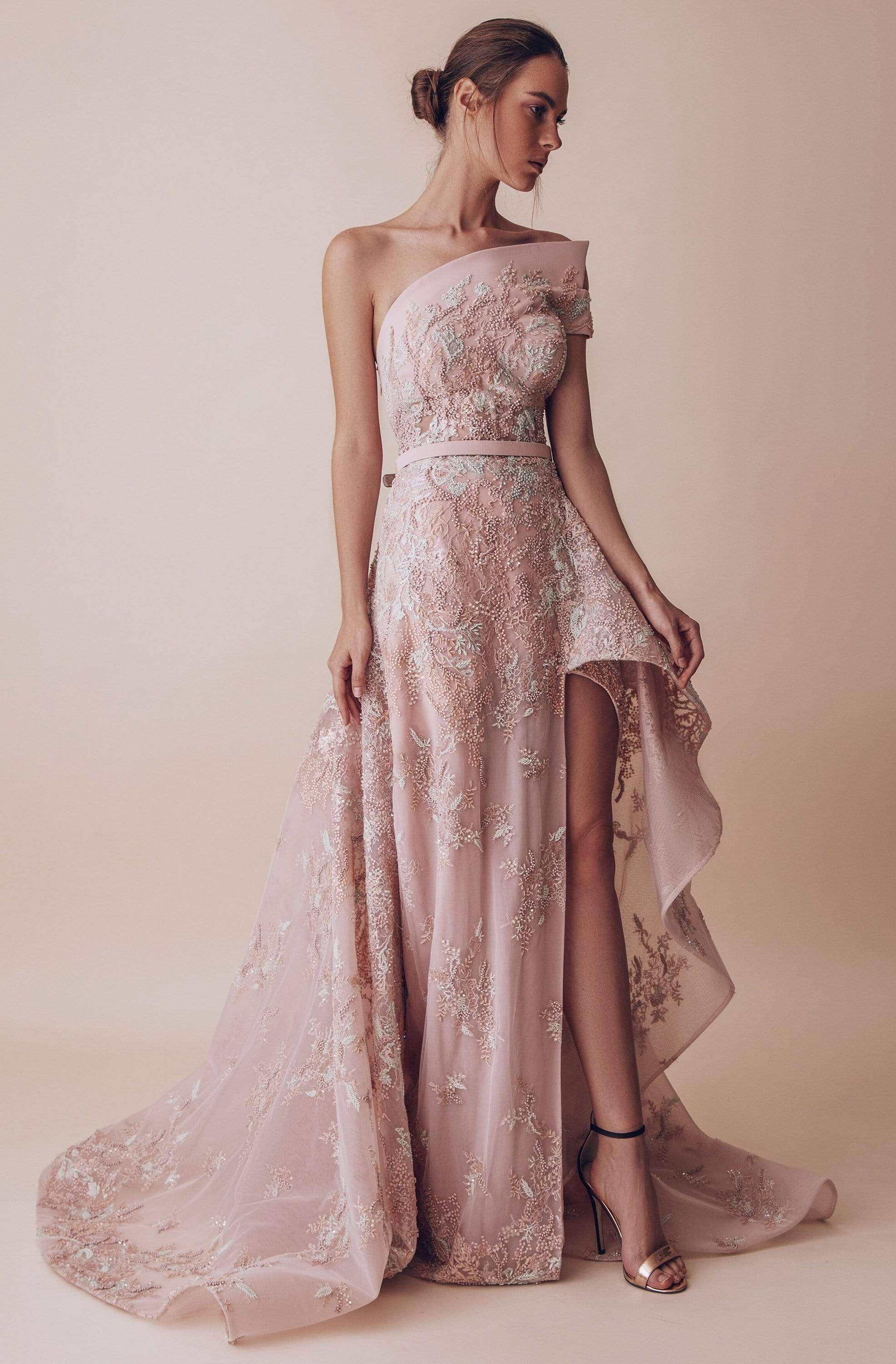 Image of Gatti Nolli Couture - OP-4953 Floral Applique Asymmetric Dress