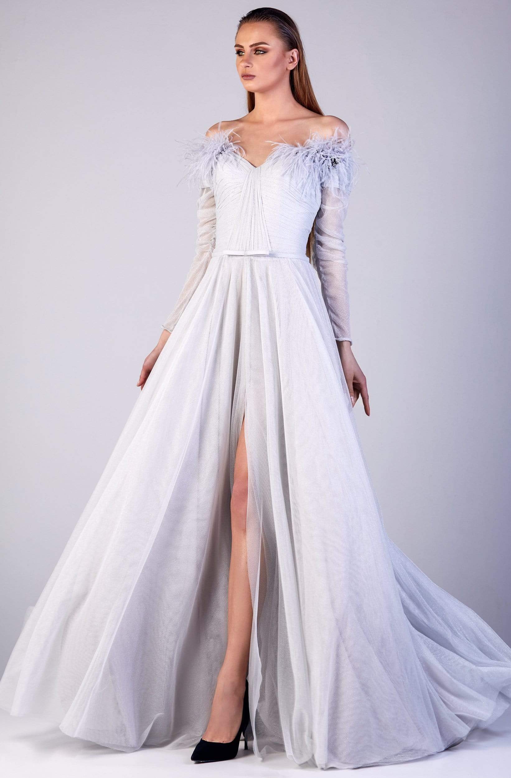 Image of Gatti Nolli Couture - OP-5154 Feather Accent Off Shoulder A-Line Dress