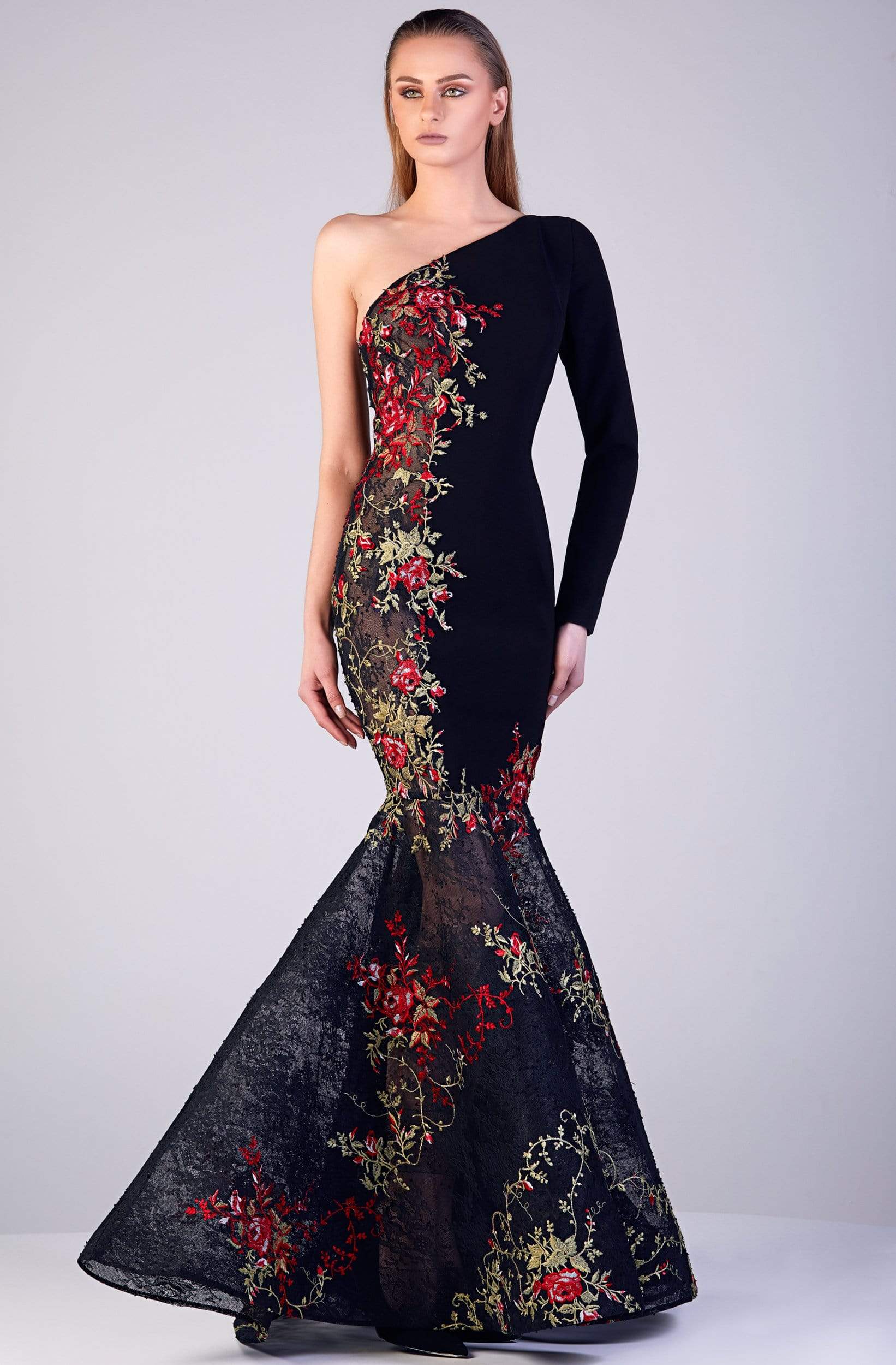 Image of Gatti Nolli Couture - OP-5177 Floral Embroidered Asymmetrical Gown